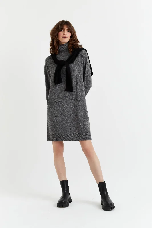 Grey Wool-Cashmere Rollneck Mini Dress Chic Puff Sleeve Mini Dress