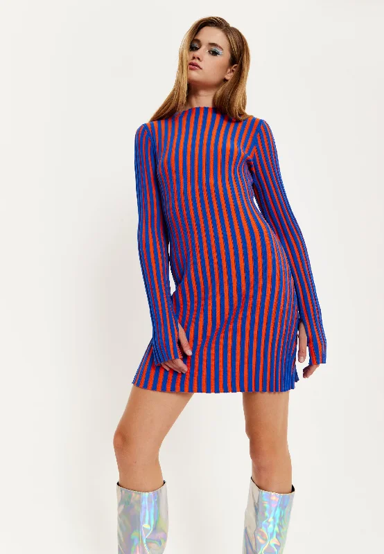 House Of Holland Blue And Orange Rib Knitted Mini Dress Chic Sleeveless Mini Dress