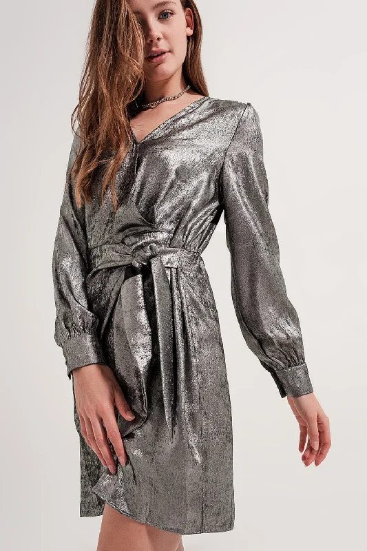 Knot Front Mini Dress in Silver Cozy Ribbed Mini Dress