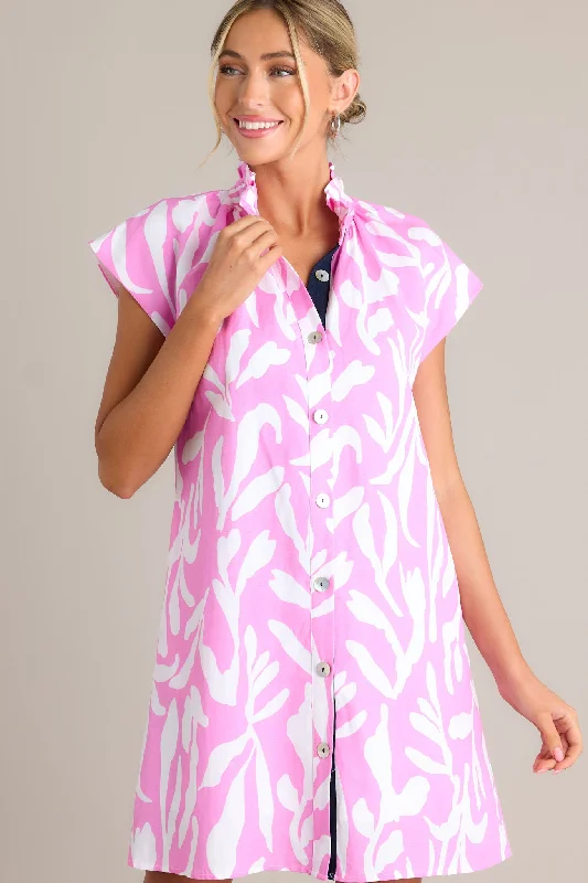 Life's Compass Pink Abstract Floral Button Front Mini Dress Stylish Summer Mini Dress