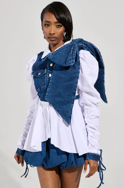 MELODY DENIM TIE POPLIN BLOUSE Romantic Lace Blouse