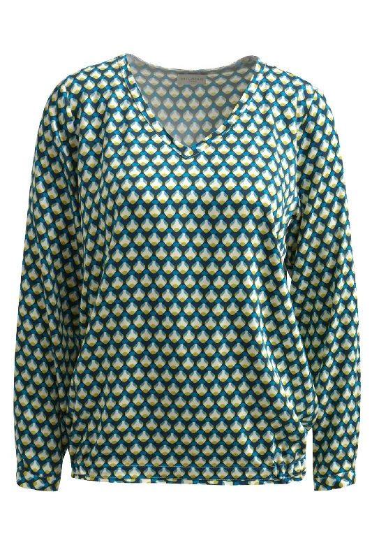Milano 41-6231-3053 Blue Green Diamond Print V Neck Blouse Balloon Sleeve Blouse