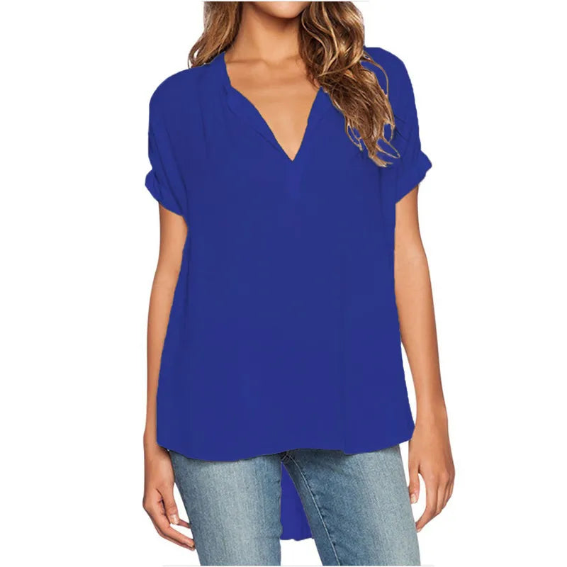 Office Chic Fashion Casual Women Short Sleeve Solid V Neck Loose Blouse Office-Ready Blouse
