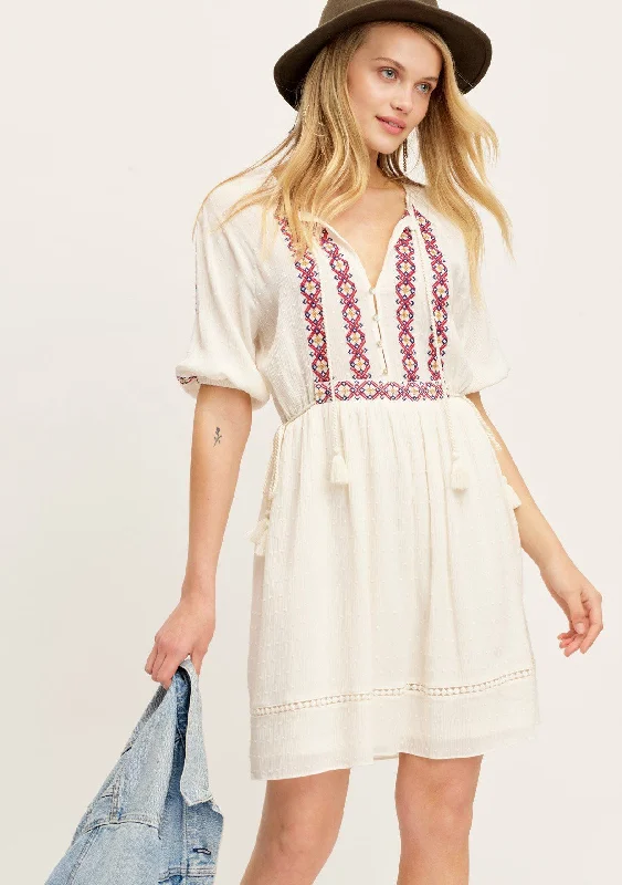 Penny Lane Embroidered Boho Mini Dress Comfortable One-Shoulder Mini Dress