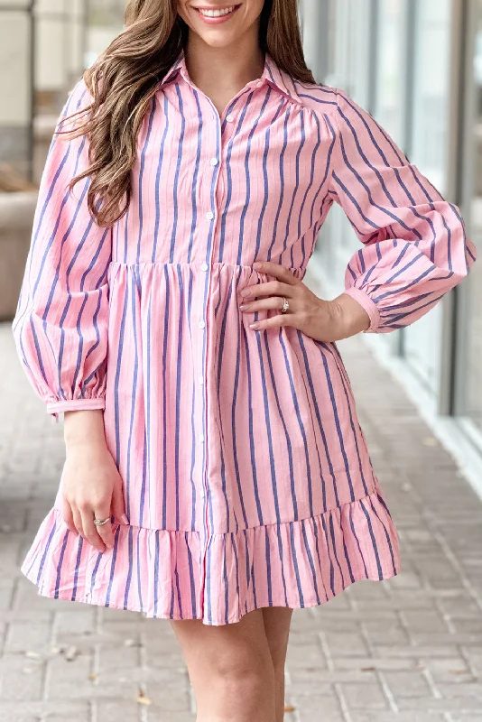Blue Zone Planet | Pink Stripe Ruffled Hem Button-up Collared Shirt Mini Dress Comfortable Boho Mini Dress Blue Zone Planet | Pink Stripe Ruffled Hem Button-up Collared Shirt Mini Dress Comfortable Boho Mini Dress