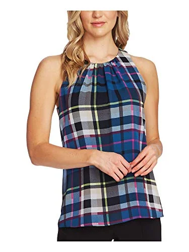 Plaid Sleeveless Blouse Silky Tunic Blouse
