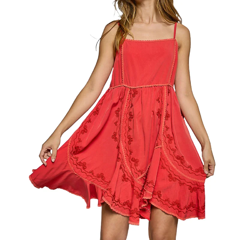 Pol Women's Red Embroidered Sleeveless Mini Dress Fashionable Mini Dress with Pockets Pol Women's Red Embroidered Sleeveless Mini Dress Fashionable Mini Dress with Pockets