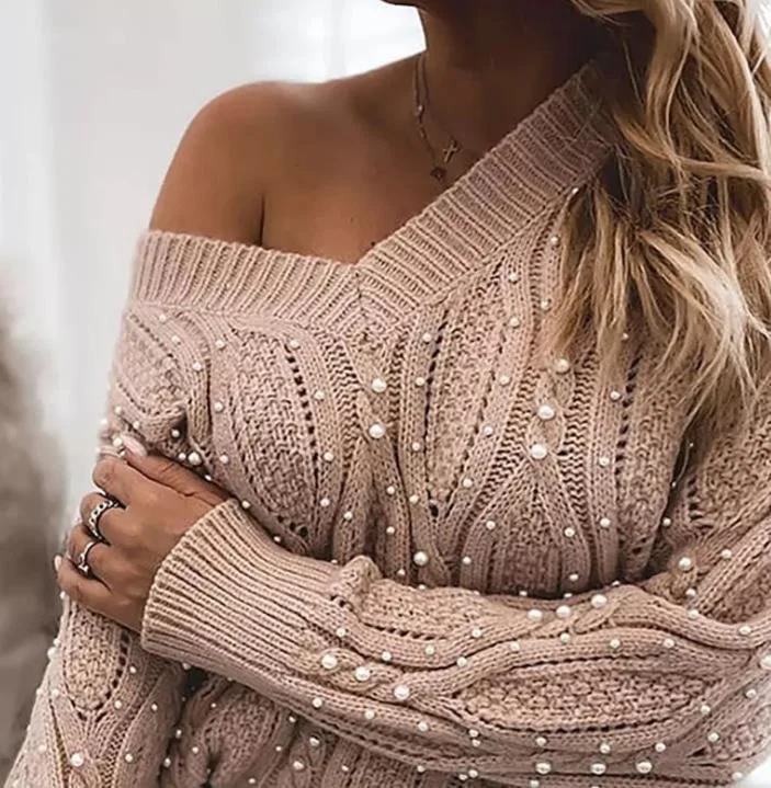 Single shoulder blouse long-sleeved V-neck sexy pearl pullover for women Playful Puff Blouse