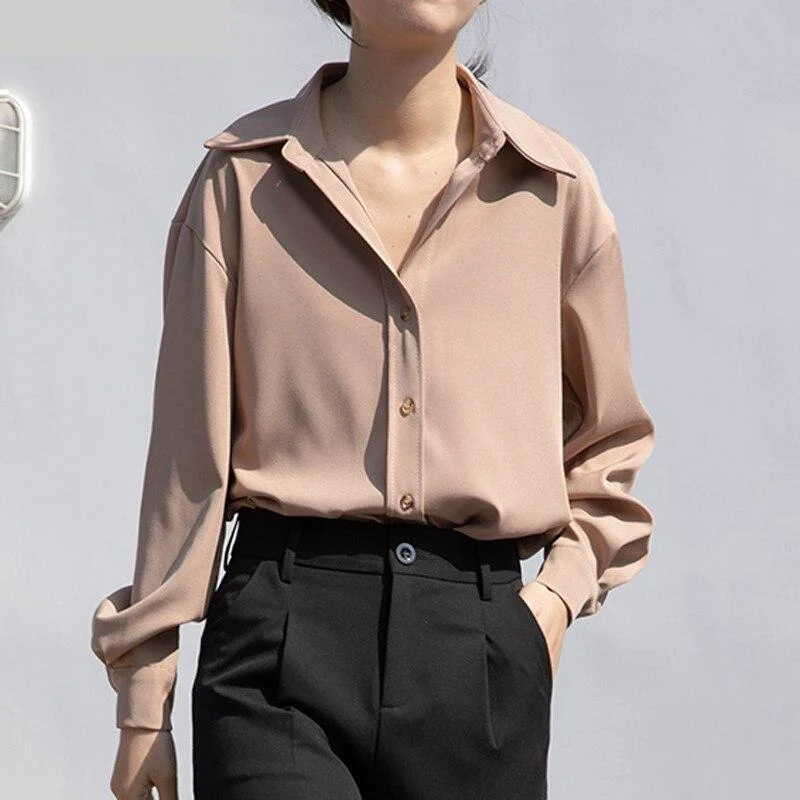 Spring Fashion Women's Turn-Down Collar Oversized Work Wear Blouse Tops Embroidered Cotton Blouse