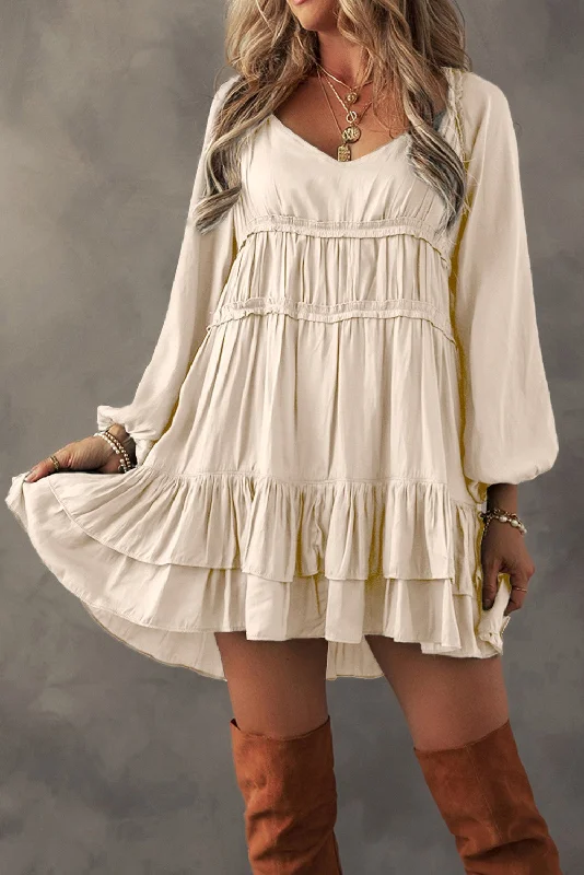 Tiered Ruffled Puff Sleeve Apricot Loose Fit Mini Dress Elegant Off-Shoulder Dress Mini Tiered Ruffled Puff Sleeve Apricot Loose Fit Mini Dress Elegant Off-Shoulder Dress Mini