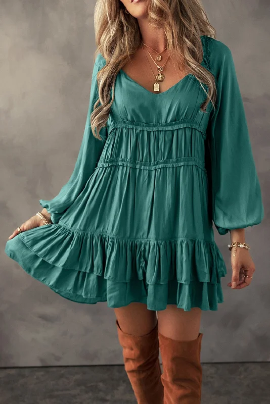 Tiered Ruffled Puff Sleeve Green Mist Loose Fit Mini Dress Stylish Sweetheart Neck Mini Dress Tiered Ruffled Puff Sleeve Green Mist Loose Fit Mini Dress Stylish Sweetheart Neck Mini Dress