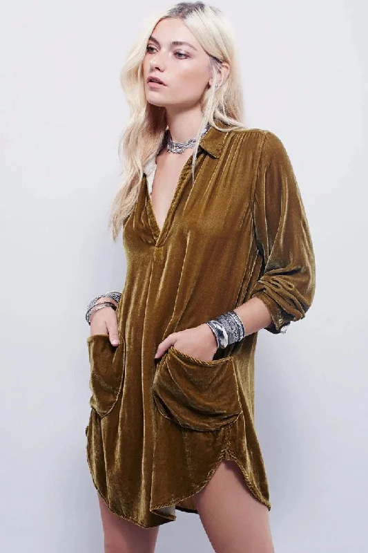 Vintage Collared V Neck Long Sleeve Velvet Mini Dress - Khaki Comfortable Off-Shoulder Mini Dress