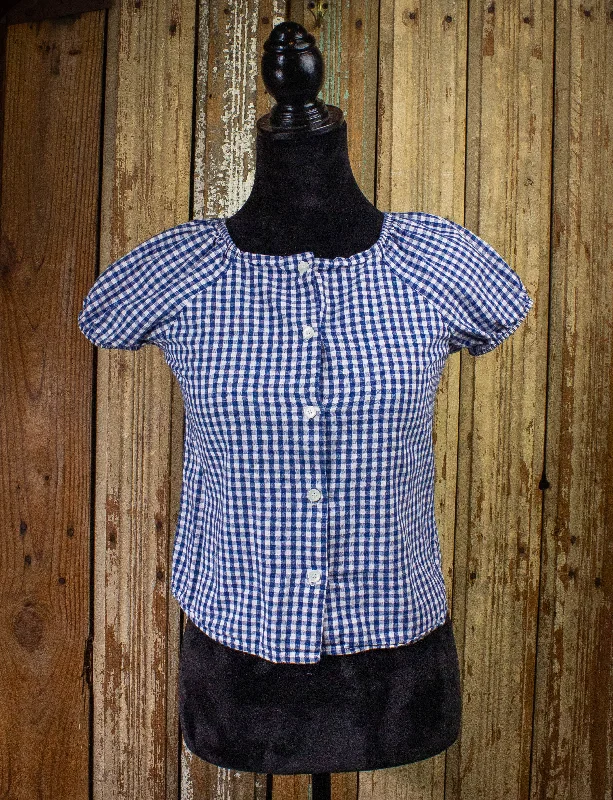 Vintage Hang Ten Plaid Blouse 70s White/Blue XS Floral Chiffon Blouse