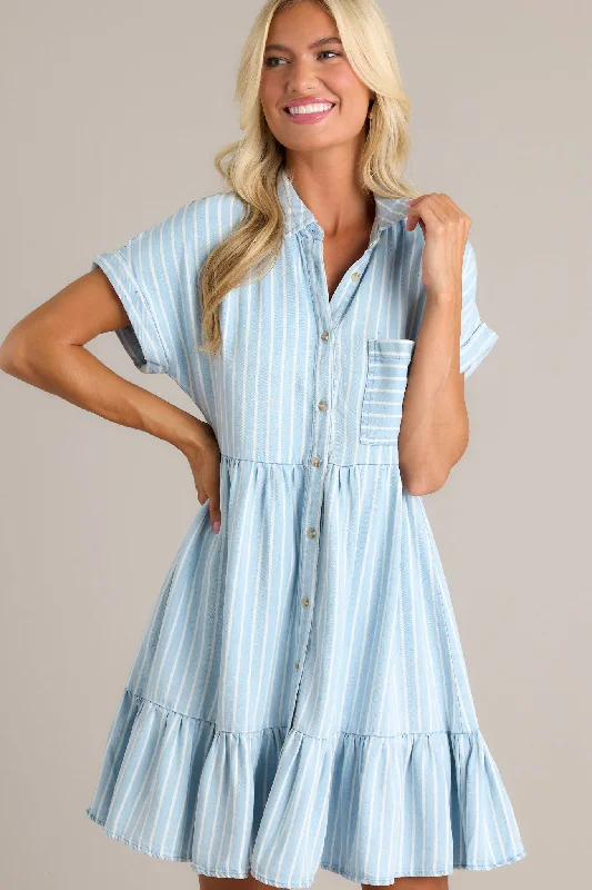 Whispering Waves Chambray Stripe Short Sleeve Mini Dress Trendy A-Line Mini Dress