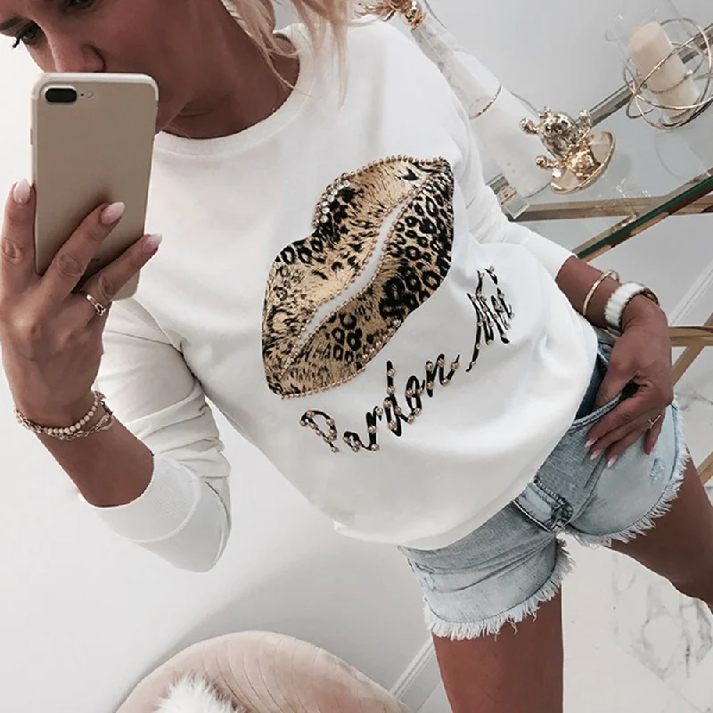 Women Blouse And Tops Shirt Lips Letter Printed White Blouse Everyday Stylish Blouse