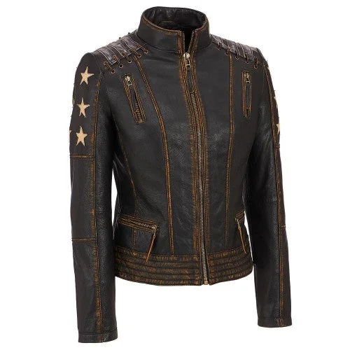 Black Rivet Womens Distressed Stars Stripes Leather Jacket Wool Jacket Cashmere Jacket Tweed Jacket