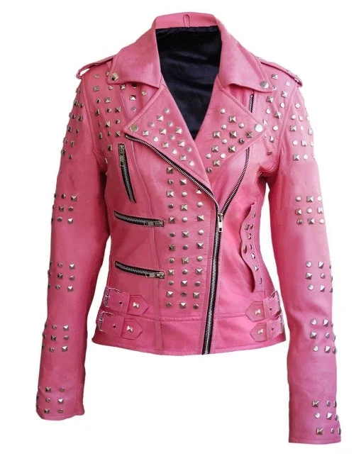 Women Pink Studded Motorcycle Leather Jacket Anorak Shell Jacket Lightweight Jacket
