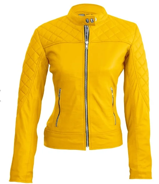 Women Yellow Quilted Leather Jacket  Women Yellow Quilted Leather Jacket Fitted Jacket Loose Jacket Oversized Jacket