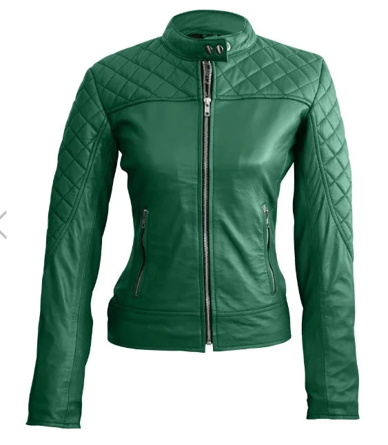 Women Green Quilted Leather Jacket Hooded Jacket Caped Jacket Shawl Collar Jacket
