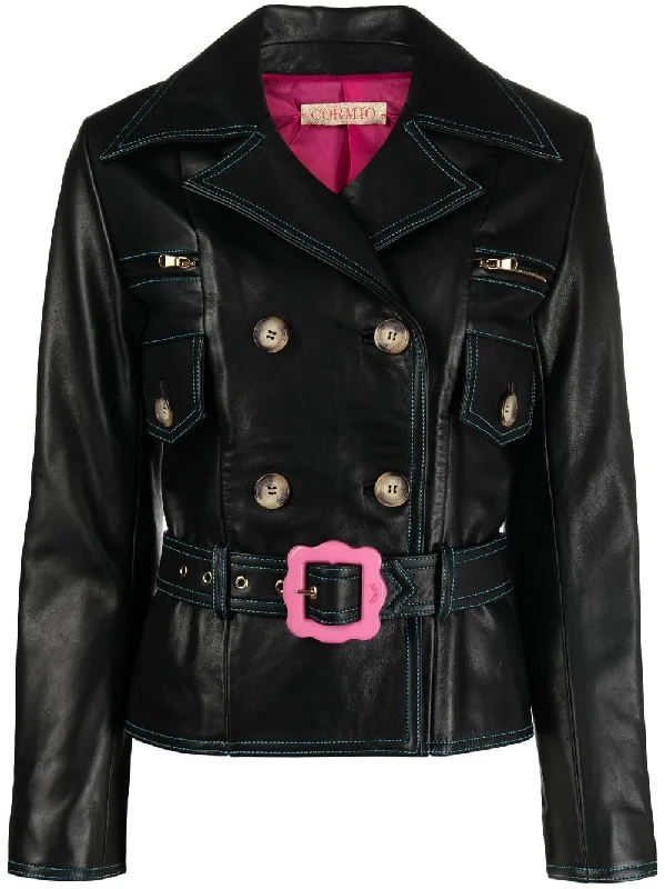 CORMIO Florence double-breasted belted leather jacket Oversized Jacket Tailored Jacket Straight Jacket