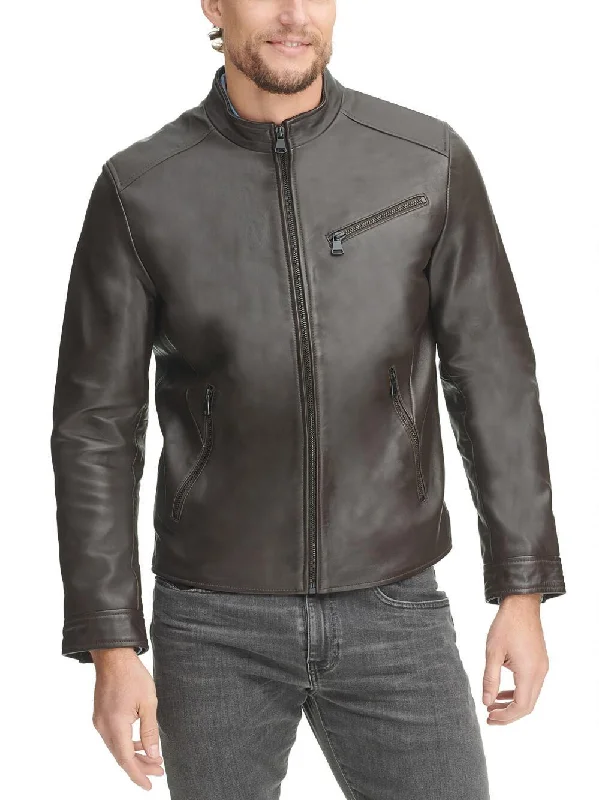 Leather Jacket w/ Chest Zipper Brown Faux Fur Fabric Real Fur Fabric Shearling Fabric