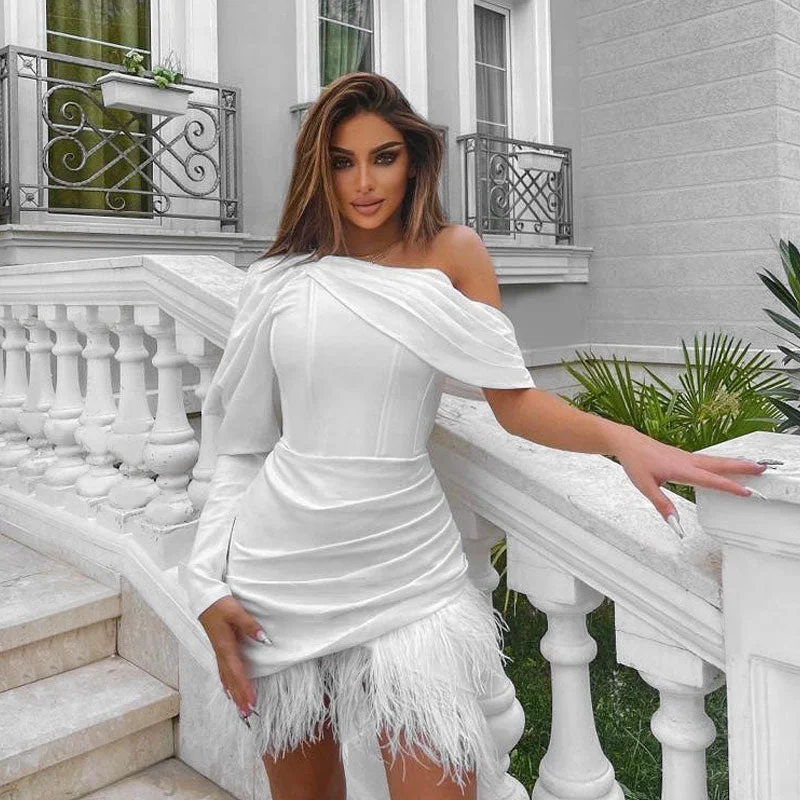 Puff Sleeve One Shoulder Corset Mini Dress - White Fashionable Button-Front Mini Dress