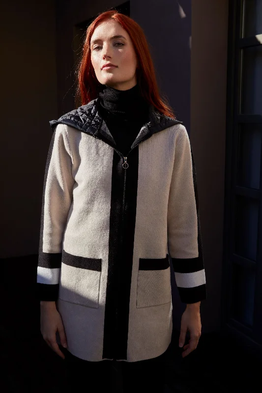Zip up Knit jacket with padded back and hood Zippered Jacket Buttoned Jacket Snapped Jacket