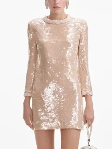 Sequin-Embellished Pearl-Trim Mini Dress Trendy Off-Shoulder Dress Mini