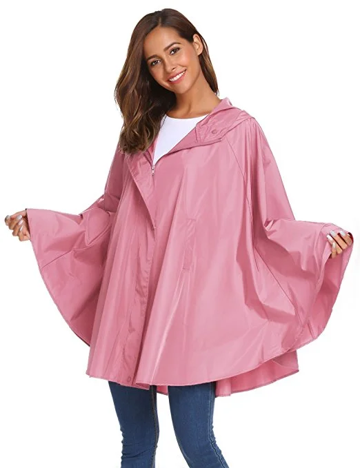 Soteer Womens Rain Poncho Batwing-Sleeved Hooded Raincoat Waterproof Packable Rain Jacket With Pockets Rayon Fabric Velvet Fabric Corduroy Fabric