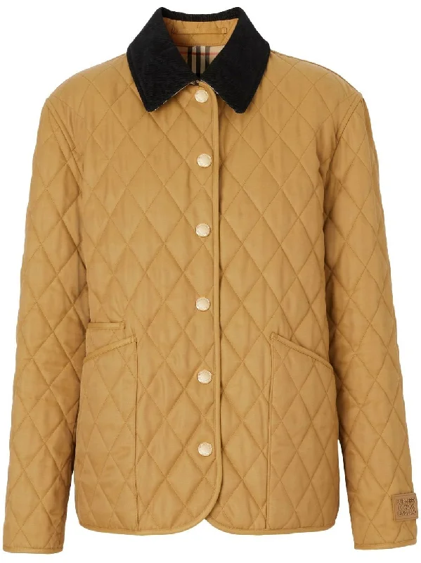 corduroy-collar diamond-quilted jacket Welt Pockets Slit Pockets Flap Pockets