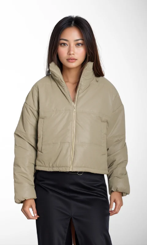 Women Cropped Puffer Jacket (khaki) Embroidered Jacket Appliqued Jacket Beaded Jacket