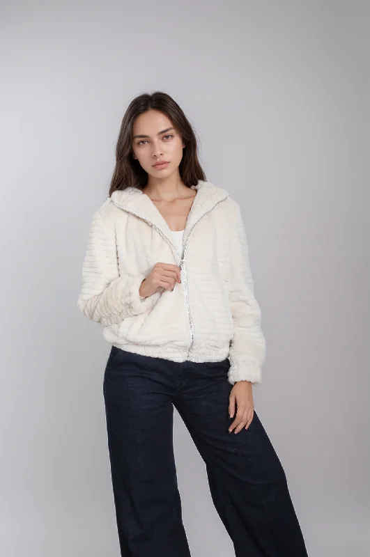 Women Fur Short Jacket (Off White) Front Pockets Side Pockets Patch Pockets