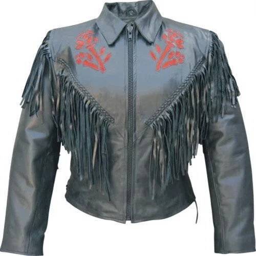 Women's Black Fringed Leather Motorcycle Jacket with Red Rose Oversized Jacket Tailored Jacket Straight Jacket