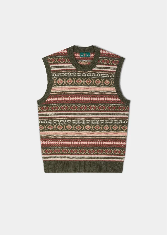 Amelia Ladies Fair Isle Sleeveless Crew Neck Jumper In Thyme Mesh Sweater Canvas Denim Amelia Ladies Fair Isle Sleeveless Crew Neck Jumper In Thyme Mesh Sweater Canvas Denim