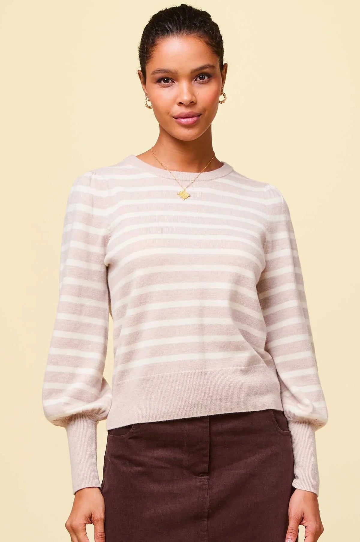Aspiga Womens Stripe Crew Neck Jumper - Oat/Cream Modern Contemporary Chic