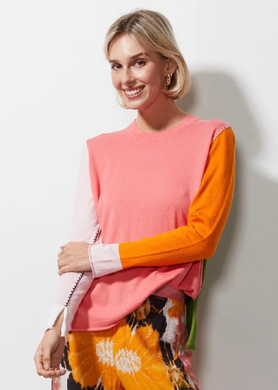 Colour Block Jumper ZP6617 in Flamingo by Zaket & Plover Silk Blend Satin Velvet