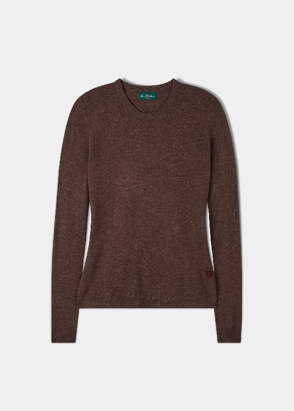 Emma Ladies Elevated Crew Neck Jumper In Cocoa Glossy Satin Silk