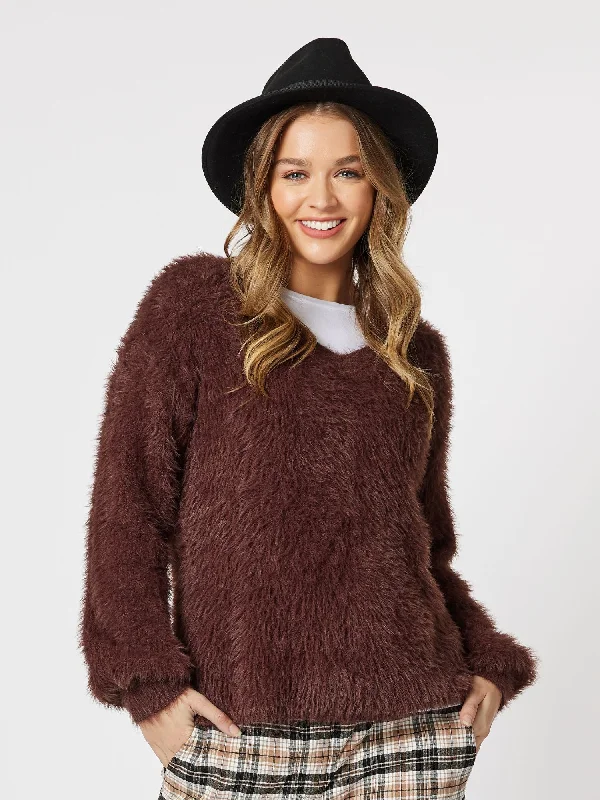 Fluffy V-Neck Knit Jumper - Chocolate Hooded Caped Shawl Collar