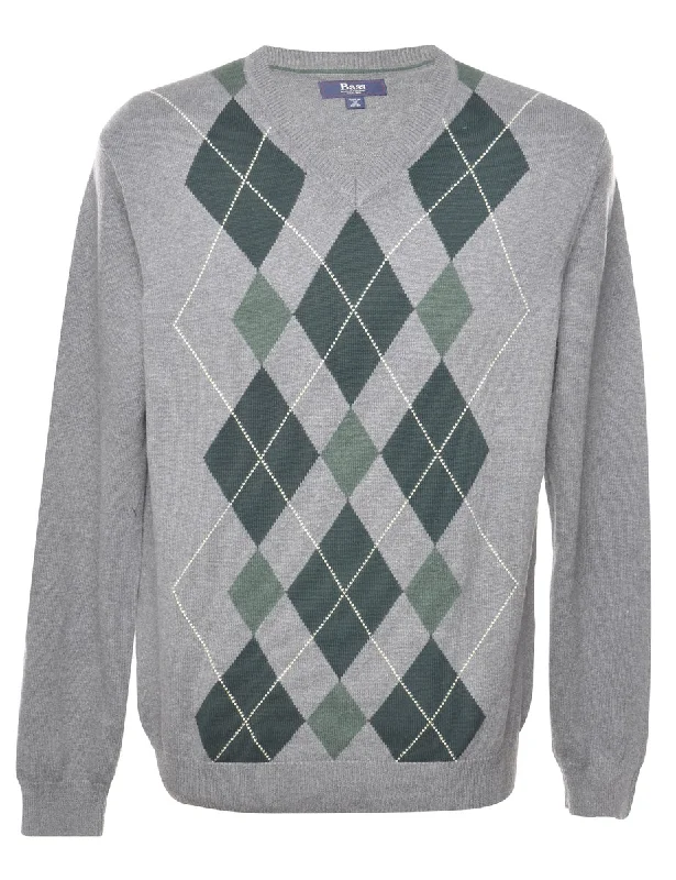 G. H. Bass Argyle Grey Jumper - M Fitted Slim Tailored