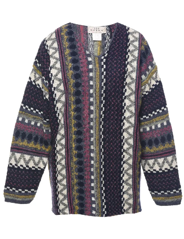 Geometric Pattern Jumper - L Zippered Buttoned Snapped