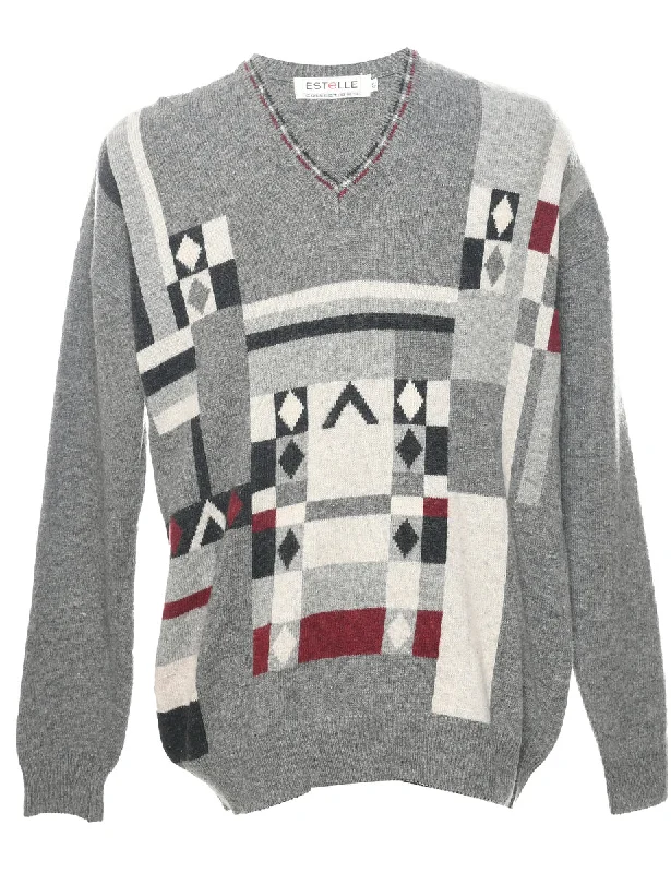 Geometric Pattern Jumper - L Hooded Sweater Collared Sweater Shawl Collar