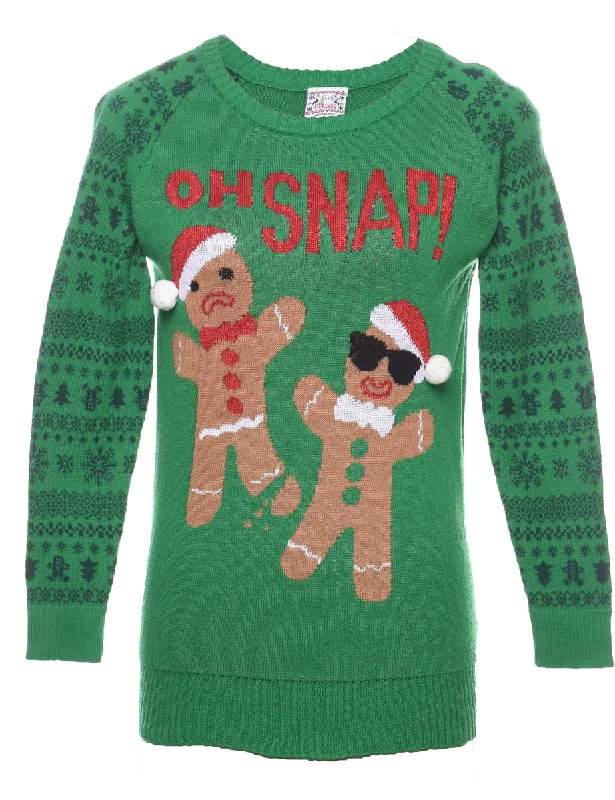 Gingerbread Design Red & Green Christmas Jumper - S Elasticated Padded Insulated