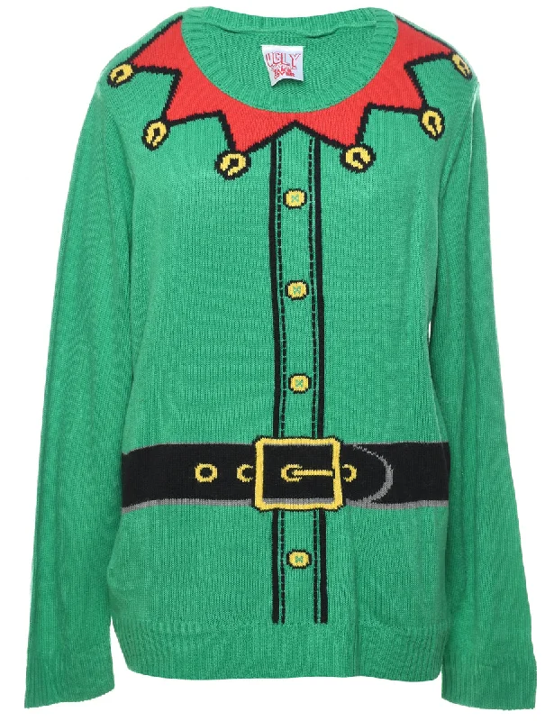 Green Christmas Jumper - L Elasticated Padded Insulated