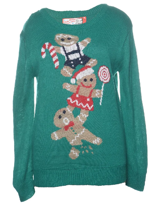 Green Christmas Jumper - L Welt Pockets Slit Pockets Flap Pockets