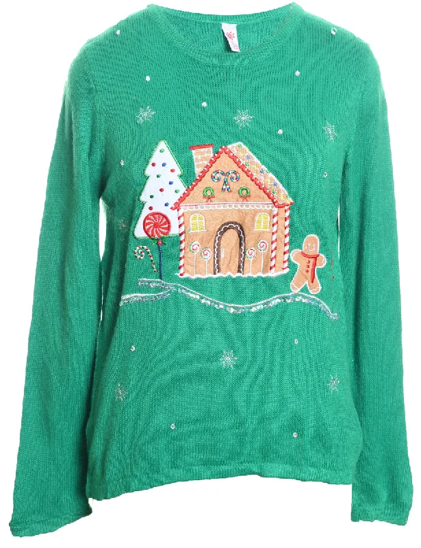 Green Classic Knit Embroidered Christmas Jumper - M Herringbone Houndstooth Plaid