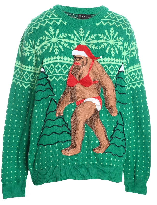 Green Novelty Christmas Jumper - L Fitted Loose Oversized
