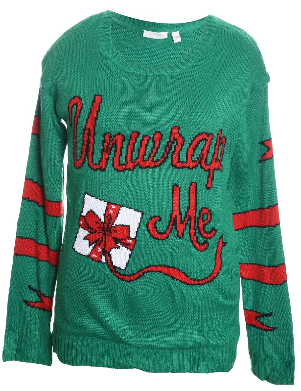 Green & Red Knit Christmas Jumper - L Herringbone Houndstooth Plaid