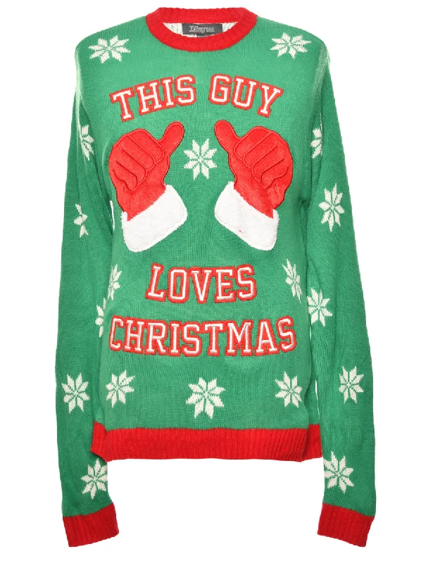 Green & Red Snowman Design Christmas Jumper - M Terry Blend Velvet Blend Canvas Blend