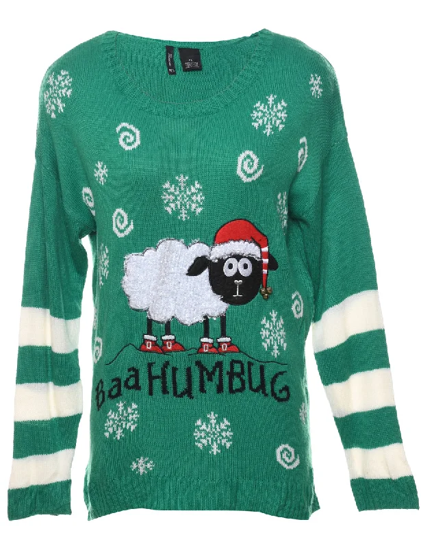 Green Sheep Design Christmas Jumper - L Faux Fur Fabric Real Fur Fabric Shearling Fabric