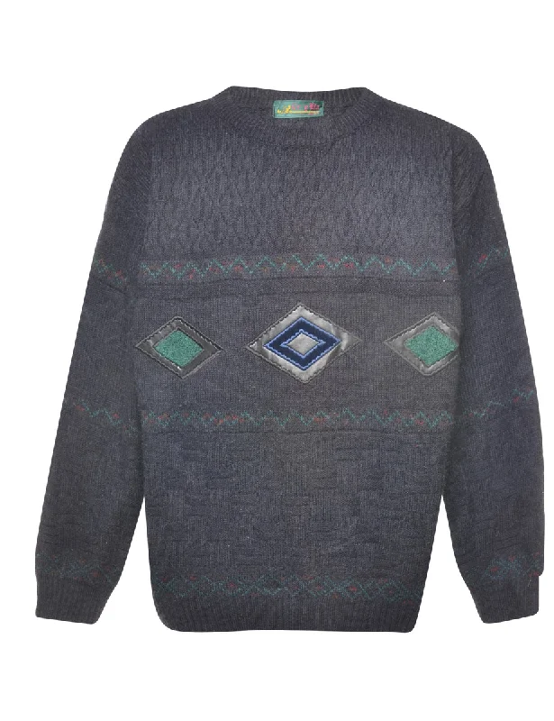 Grey Embroidered Argyle Design Jumper  - L Ribbed Striped Patterned